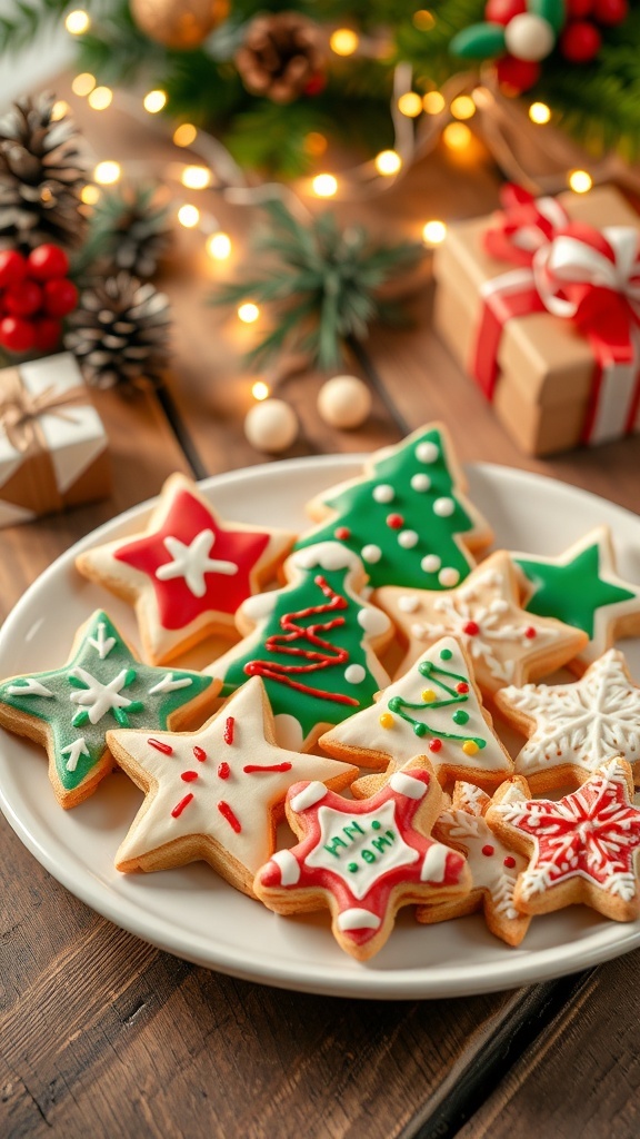 Classic Sugar Cookies for Christmas A festive plate of decorated sugar cookies in various shapes for Christmas, with colorful icing and sprinkles.